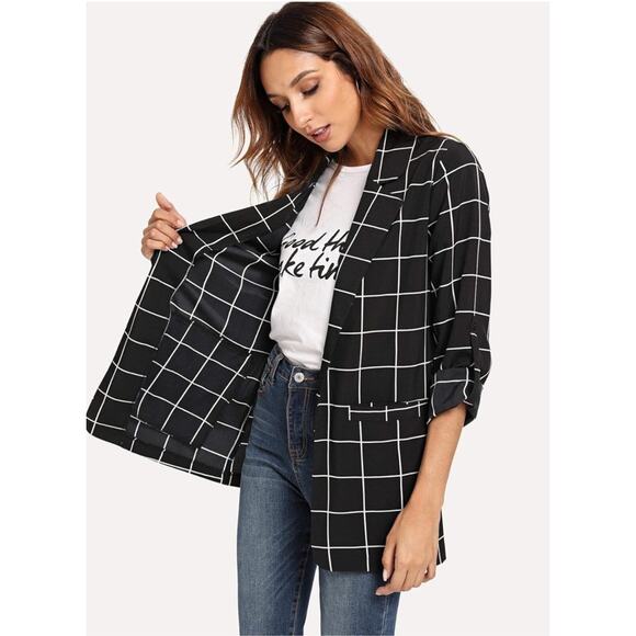 Women's Open Front Blazer Casual Lightweight Plaid Roll Up Sleeve, Size M - Picture 2 of 4